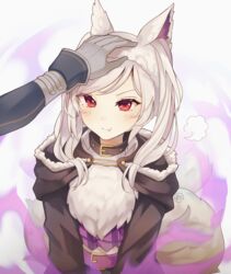  :t aftergardens animal_ears belt brown_cloak cloak collar energy eyes_visible_through_hair fake_animal_ears female fire_emblem fire_emblem_awakening fire_emblem_heroes fur_trim gloves grey_gloves grima_(fire_emblem) hand_on_another&#039;s_head headband headpat hood long_hair long_sleeves medium_hair plaid plaid_shirt pout red_eyes robin_(female)_(fire_emblem) robin_(female)_(halloween)_(fire_emblem) robin_(fire_emblem) shirt tail twintails upper_body white_hair wolf_ears wolf_tail 