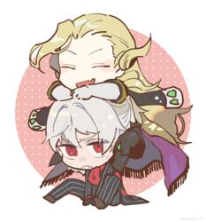  2boys antonio_salieri_(fate) antonio_salieri_(second_ascension)_(fate) black_gloves blonde_hair cape chibi commentary_request elbow_gloves fate/grand_order fate_(series) formal gloves grey_hair grimace hinoe_(right-hnxx03) long_hair male_focus multiple_boys oerba_yun_fang on_head person_on_head pinstripe_pattern pinstripe_suit red_eyes red_scarf scarf striped suit very_long_hair white_gloves white_hair wolfgang_amadeus_mozart_(fate) 