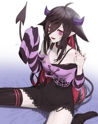  bags_under_eyes black_collar black_dress black_hair black_thighhighs breasts claw_pose collar colored_inner_hair commentary_request demon_girl demon_horns demon_tail dress female hair_between_eyes horns lace-trimmed_dress lace_trim long_hair long_sleeves looking_at_viewer medium_breasts multicolored_hair nijisanji open_mouth pale_skin pointy_ears purple_shirt re:sty red_hair shirt short_dress sitting sleeves_past_fingers sleeves_past_wrists solo striped_sleeves tail thighhighs torn_clothes torn_shirt two-tone_hair very_long_hair virtual_youtuber wariza yamiyono_moruru yamiyono_moruru_(1st_costume) 