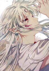  1boy black_eyes colored_sclera commentary_request crescent facial_mark highres inuyasha korean_commentary long_hair looking_at_viewer male_focus mgmg_1012 parted_lips pointy_ears red_sclera sesshoumaru shaded_face simple_background solo white_background white_hair 