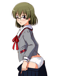  ass bespectacled black_skirt blouse blush bob_cut brown-framed_eyewear brown_hair clothes_pull collared_shirt commentary crotch_seam female from_side glasses grey_shirt idolmaster idolmaster_million_live! idolmaster_million_live!_theater_days junior_high_schoolmate_(idolmaster) lielos long_sleeves looking_at_viewer looking_back nagayoshi_subaru neck_ribbon official_alternate_costume open_clothes open_mouth open_skirt over-rim_eyewear panties pleated_skirt pulling_own_clothes red_eyes red_ribbon ribbon school_uniform semi-rimless_eyewear shirt short_hair simple_background skirt skirt_pull solo standing underwear undressing uniform_series_(idolmaster) white_background white_panties 