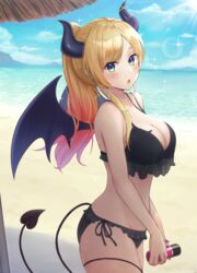  aonikuro bare_arms beach beach_umbrella bikini black_bikini black_horns blonde_hair blue_eyes blue_sky blush breast_tattoo breasts cleavage cloud cowboy_shot day demon_girl demon_horns demon_tail demon_wings female frilled_bikini frills from_side gradient_hair highres holding hololive horn_ornament horn_ring horns huge_breasts long_hair looking_at_viewer multicolored_hair ocean official_alternate_costume official_alternate_hairstyle orange_hair outdoors pink_hair pointy_ears ponytail sand side-tie_bikini_bottom single_sidelock sky solo sparkle streaked_hair sunlight swept_bangs swimsuit tail tattoo umbrella virtual_youtuber wings yuzuki_choco yuzuki_choco_(hololive_summer_2019) 