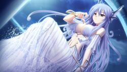  blue_hair breasts bridal_gauntlets choker cleavage closed_mouth detached_sleeves female floating_hair game_cg green_eyes hair_between_eyes hatozuki_tsumiki ikusa_megami_verita large_breasts long_hair long_skirt midriff navel night purple_choker sideboob sitting skirt smile solo stomach very_long_hair water_miko_(ikusa_megami_verita) white_skirt white_sleeves 