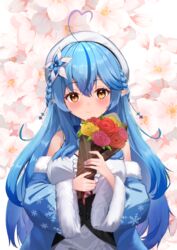  absurdres ahoge blue_coat blue_hair blue_nails blush bouquet braid breasts brown_eyes closed_mouth coat colored_tips commentary corset dress elf female floral_background flower fur_trim hair_between_eyes hair_flower hair_ornament half_updo hat heart heart_ahoge highres holding holding_bouquet hololive large_breasts long_hair looking_at_viewer multicolored_hair nail_polish off_shoulder pointy_ears print_coat red_flower smile snowflake_print solo streaked_hair suiran_(liquiddoes) virtual_youtuber white_dress white_flower white_hat yellow_flower yukihana_lamy yukihana_lamy_(1st_costume) 