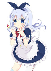  apron asymmetrical_legwear blue_bow blue_eyes blue_hair blue_hairband bow bow_hairband center_frills commentary female fork frilled_apron frills gochuumon_wa_usagi_desu_ka? hair_ornament hairband hairclip highres holding holding_fork kafuu_chino light_blue_hair long_hair puffy_short_sleeves puffy_sleeves rabbit-hinata short_sleeves solo symbol-only_commentary underbust uneven_legwear waist_apron white_apron wrist_cuffs x_hair_ornament 