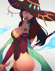  black_mage_(final_fantasy) breasts cleavage cowboy_shot elezen elf female final_fantasy final_fantasy_xiv hand_to_own_mouth hat highres hilda_ware holding holding_staff hyur jewelry koyorin leotard lips looking_at_viewer medium_breasts multiple_rings pointy_ears profile ring simple_background smile solo staff thighhighs white_background 