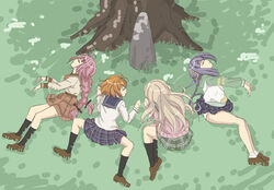  4girls ahoge aonami_school_uniform belt black_socks blonde_hair blue_skirt blunt_bangs bow bowtie braid brown_belt brown_bow brown_footwear closed_eyes closed_mouth double_bun full_body grass green_background green_hood green_skirt green_sleeves hair_bun hairbow himuro_lavi hood hoodie iwakiriyama_high_school_uniform kneehighs kurusu_alexandra legs_together loafers long_hair long_sleeves lying magia_record:_mahou_shoujo_madoka_magica_gaiden mahou_shoujo_madoka_magica miniskirt miura_asahi multiple_girls on_grass on_side on_stomach orange_bow orange_bowtie orange_hair orange_skirt outstretched_arms panties parted_lips pink_hair pink_sweater plaid plaid_skirt pocket purple_hair rock school_uniform serafuku shirt shoes short_hair sidelocks skirt socks spread_arms spread_legs sweater twin_braids twintails underwear very_long_hair w_arms white_hoodie white_panties white_shirt white_socks wing_collar yellow_shirt you2 yukuni_academy_school_uniform yume_urara yunohana_international_school_uniform 