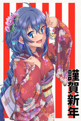  absurdres ahoge bag blue_eyes blue_hair blush braid braided_ponytail canvas_(medium) chains cowboy_shot crossed_bangs female flower hair_between_eyes hair_flower hair_ornament highres honba_misaki japanese_clothes kimono light_blush long_hair looking_at_viewer mushoku_tensei nail_polish obi open_mouth purple_nails red_kimono roxy_migurdia sash shoulder_bag sidelocks single_braid smile solo very_long_hair wide_sleeves 