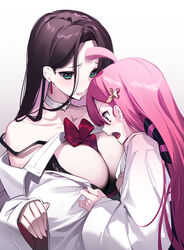  2girls absurdres ahoge ako_ko_(yaguo) black_bra black_hair bow bra breast_awe breasts cleavage collar commentary_request earrings green_eyes highres jewelry large_breasts long_hair long_sleeves looking_at_another looking_at_breasts multiple_girls off_shoulder open_clothes open_mouth original parted_lips pink_hair red_bow red_eyes simple_background underwear upper_body white_collar yaguo yuri 