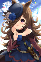  :d animal_ears asaya-bigun blue_dress blue_flower blue_hat blue_sky brown_hair brown_skirt choker cloud commentary_request dagger day dress female flower hair_over_one_eye hat hat_flower highres horse_ears horse_girl knife leaning_forward long_hair long_skirt looking_at_viewer off-shoulder_dress off_shoulder open_mouth outdoors purple_eyes rice_shower_(umamusume) rose sheath sheathed skirt sky smile solo sunlight umamusume weapon 