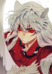  1boy animal_ears beads black_eyes clenched_teeth colored_sclera commentary_request dog_ears fangs highres inuyasha inuyasha_(character) korean_commentary long_hair looking_away male_focus mgmg_1012 red_sclera shaded_face simple_background solo teeth tetsusaiga upper_body white_background 