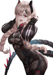  black-framed_eyewear black_bodysuit blazpu blush bodysuit braid braided_ponytail breasts commission covered_navel female glasses gloves hair_ornament hairclip highres indie_virtual_youtuber long_hair long_sleeves looking_at_viewer medium_breasts partially_fingerless_gloves red_eyes saruei_(vtuber) saruei_(vtuber)_(1st_costume) simple_background smile solo tail virtual_youtuber white_background white_hair 