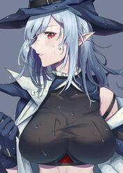  absurdres arknights black_coat black_headwear black_shirt breasts chinese_commentary coat commentary_request crop_top cy9 female gladiia_(arknights) goth_fashion grey_hair hat high_collar highres large_breasts looking_at_viewer parted_lips pointy_ears pointy_hat red_eyes shirt simple_background undressing upper_body wet wet_clothes 