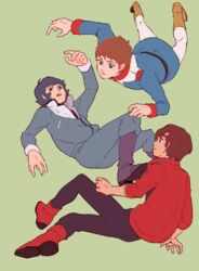  3boys amuro_ray blue_eyes boots brown_eyes brown_hair falling green_eyes gundam gundam_zz jacket judau_ashta jumpsuit kamille_bidan military military_uniform mobile_suit_gundam multiple_boys open_mouth short_hair sweater turtleneck turtleneck_sweater ume-bayashi uniform zeta_gundam 