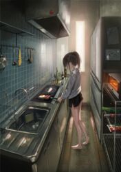  bacon barefoot black_hair black_shorts egg_(food) female food frying_pan full_body indoors kagumanikusu kitchen legs long_sleeves original ponytail shirt short_hair shorts sidelocks solo white_shirt window 