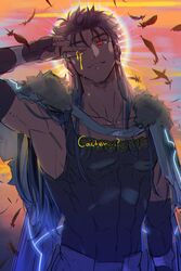  1boy abs biceps blue_hair cape closed_mouth collarbone commentary cu_chulainn_(caster)_(fate) cu_chulainn_(fate) earrings fate/grand_order fate_(series) feathers fingerless_gloves g0ringo gloves halo highres hood hood_down hooded_cape jewelry long_hair looking_at_viewer male_focus multiple_piercings muscular muscular_male pectorals red_eyes ring skin_tight slit_pupils smile solo spiked_hair symbol-only_commentary tank_top 