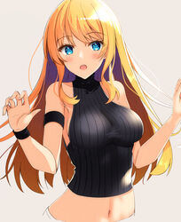  bare_shoulders blonde_hair blue_eyes blush breasts female large_breasts long_hair looking_at_viewer midriff navel open_mouth original raised_eyebrows sideboob solo stomach toyomi_13 turtleneck upper_body white_background 