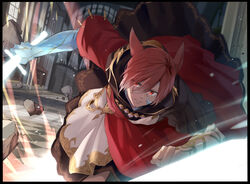  1boy action animal_ears babape cat_ears crystal crystal_exarch energy_sword facial_mark final_fantasy final_fantasy_xiv g&#039;raha_tia highres holding hood hood_down male_focus material_growth miqo&#039;te parted_lips red_eyes red_hair robe short_hair solo sword weapon 