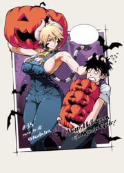  1boy alternate_breast_size armpits bat_(animal) bell black_hair blank_eyes blank_speech_bubble breasts cathyl closed_mouth collar commentary_request cow_girl cow_horns cowbell dated english_text female flying_sweatdrops halloween hand_on_another&#039;s_head highres horns koda1ra kurusu_kimihito large_breasts looking_at_another monster_girl monster_musume_no_iru_nichijou mouth_hold multicolored_hair muscular muscular_female neck_bell overalls pants pumpkin shirt smile speech_bubble stalk_in_mouth straw_(stalk) tall_female two-tone_hair white_shirt 