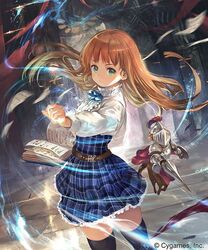  anne_(shingeki_no_bahamut) blonde_hair book closed_mouth company_name copyright_notice cowboy_shot dress female floating_hair frilled_dress frills green_eyes high_collar long_hair looking_at_viewer magic official_art ponzu_(catponz) shadowverse shirt skirt solo standing thighhighs 