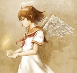  abe_yoshitoshi angel_wings bangs brown_eyes brown_hair cowboy_shot cupping_hands dress expressionless feathered_wings feathers female floating_hair from_side glowing haibane_renmei hair_between_eyes halo hands_up light looking_away looking_down neckerchief official_art own_hands_together parted_lips profile rakka_(haibane) red_neckerchief red_sailor_collar sailor_collar sailor_dress sepia sepia_background short_hair short_sleeves solo static_cling white_dress white_wings wings 