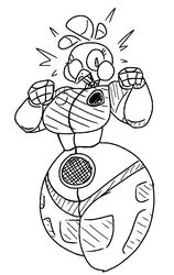  2020 animatronic avian beak bird black_and_white blush blush_stickers breasts chicken clothed clothing digital_media_(artwork) female fist five_nights_at_freddy&#039;s floating_hair freddy_fazbear&#039;s_pizzeria_simulator funtime_chica_(fnaf) galliform gallus_(genus) looking_at_viewer machine monochrome non-mammal_breasts one_eye_closed phasianid qoolbunart robot scottgames simple_background smile solo speaker teeth thick_thighs toothed_beak white_background wide_hips wink 