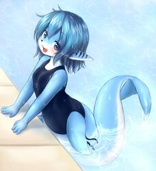  anthro blue_body blue_eyes blue_hair blue_skin blush breasts canid canine clothed clothing female fin fox fully_clothed hair hybrid kemono mammal marine mcsadat merfolk one-piece_swimsuit open_mouth school_swimsuit short_hair small_breasts solo split_form swimming_pool swimwear water wet young young_anthro 