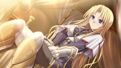  armored_boots asymmetrical_clothes bed between_legs black_pants blonde_hair blue_eyes blush boots canopy_bed capelet closed_mouth dress dutch_angle female game_cg hair_between_eyes hair_intakes hand_between_legs hatozuki_tsumiki ikusa_megami_verita levia_lograia long_hair pants purple_dress short_dress sitting solo sunlight very_long_hair white_capelet 