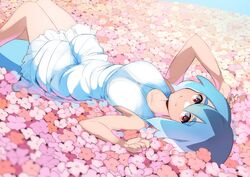  azuumori blue_hair breasts dress feet_out_of_frame female field fish_tail flower flower_field hair_between_eyes highres knees_up looking_at_viewer lying mako_(azuumori) medium_breasts on_back original pink_flower red_eyes shark_girl shark_tail short_hair sleeveless sleeveless_dress smile solo tail white_dress 