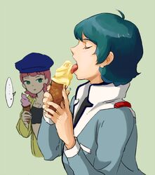  1boy beret blue_hair closed_eyes crop_top empty_eyes female food green_eyes gundam hat holding holding_food ice_cream ice_cream_cone jacket jewelry jumpsuit kamille_bidan licking necklace pink_hair sarah_zabiarov sexually_suggestive short_hair soft_serve tongue tongue_out turtleneck ume-bayashi zeta_gundam 