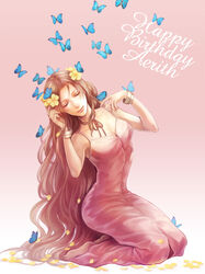  aerith_gainsborough bangle bare_shoulders barefoot blue_butterfly bracelet breasts brown_hair bug butterfly character_name choker cleavage closed_eyes dress falling_petals female final_fantasy final_fantasy_vii flower gradient_background hair_flower hair_ornament happy_birthday highres jewelry kneeling long_dress long_hair medium_breasts parted_bangs petals pink_background pink_dress ribbon_choker sidelocks sleeveless sleeveless_dress smile solo tetra_takamine wavy_hair yellow_flower 