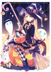  :d argyle_clothes argyle_legwear black_bow black_footwear black_hat black_jacket black_skirt blonde_hair blue_eyes blush boots bow broom candle commentary english_commentary female fire flower frilled_skirt frills full_body ghost green_eyes halloween hat highres holding holding_broom jack-o&#039;-lantern jacket long_hair long_sleeves looking_at_viewer open_mouth orange_bow original pantyhose petals polka_dot red_flower red_rose rose sitting skirt smile solo star_(symbol) tombstone top_hat twintails very_long_hair wide_sleeves witch_hat yuizayomiya 