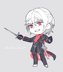  1boy antonio_salieri_(fate) antonio_salieri_(second_ascension)_(fate) ascot black_gloves chibi coattails commentary_request dagger fate/grand_order fate_(series) formal gloves half_updo hinoe_(right-hnxx03) holding holding_weapon jewelry knife male_focus necklace pinstripe_pattern pinstripe_suit red_eyes sheath solo striped suit weapon white_hair 