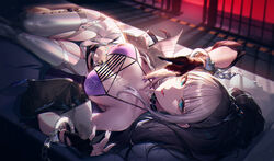  aqua_eyes bai_yi_(path_to_nowhere) bare_shoulders bikini bikini_top_only black_choker black_gloves black_hair black_jacket blunt_bangs braid breasts calder choker cleavage clothing_cutout collarbone commentary_request cuffs feet_out_of_frame female fingerless_gloves fingernails glint gloves grey_hair grey_pants handcuffs highres jacket large_breasts lipstick long_fingernails long_hair looking_at_viewer lying makeup multicolored_hair navel off_shoulder on_back on_bed open_clothes open_jacket pants parted_lips path_to_nowhere pillow ponytail prison_cell purple_bikini purple_nails solo swimsuit thigh_cutout thigh_gap tight_clothes tight_pants two-tone_hair unzipped very_long_hair 