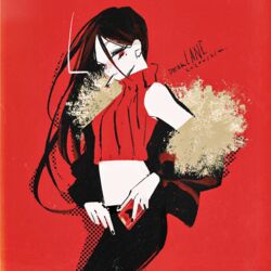  black_hair black_nails black_pants crop_top female halftone highres long_hair looking_at_viewer marina_(mrn9) mole mole_under_eye off_shoulder original pants red_background red_eyes red_shirt shirt simple_background sleeveless smoking solo 