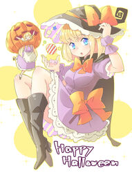  2girls alice_margatroid alternate_costume apron arms_up arnest black_footwear black_headwear blonde_hair blue_eyes blush boots bow bowtie candy cape commentary dress english_text food halloween hand_on_headwear happy_halloween hat hat_bow high_heels jack-o&#039;-lantern lollipop multiple_girls open_mouth orange_bow orange_bowtie pumpkin_on_head purple_dress shanghai_doll short_hair short_sleeves smile sparkle star_(symbol) swirl_lollipop touhou waist_apron witch_hat wrapped_candy wrist_cuffs yellow_background 