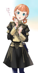  annette_fantine_dominic blue_legwear female fire_emblem fire_emblem:_three_houses garreg_mach_monastery_uniform green_eyes long_sleeves mikami open_mouth orange_hair simple_background solo twintails uniform 