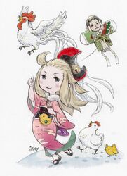  1boy animal bird blonde_hair blue_eyes bow bravely_default:_flying_fairy bravely_default_(series) chick chicken edea_lee female geta hair_ornament hairbow highres ikusy japanese_clothes kimono kite male_chicken nobutsuna_kamiizumi official_art pink_kimono smile tabi thumbs_up 