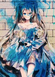  absurdly_long_hair bare_shoulders belt blue_eyes blue_hair brick_wall collarbone commentary dress female hatsune_miku highres karanagare long_hair long_sleeves looking_at_viewer off-shoulder_dress off_shoulder smile solo twintails very_long_hair vocaloid wide_sleeves 