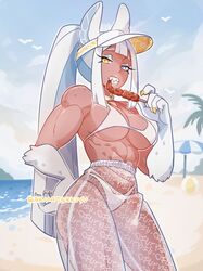  abs animal_ears bakuatsukiyu ball beach beach_umbrella beachball biceps bikini blue_eyes blue_eyeshadow blue_sky breasts cleavage day eating eyeshadow female food hand_on_own_hip heterochromia holding holding_food large_breasts long_hair looking_at_viewer makeup muscular muscular_female navel ocean original outdoors parted_lips ponytail sharp_teeth sky solo swimsuit teeth umbrella white_bikini white_hair yellow_eyes 