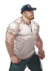  1boy bara baseball_cap beard blonde_hair blue_pants clenched_hands cropped_legs cross cross_necklace facial_hair hat jewelry large_pectorals looking_to_the_side male_focus mature_male muscular muscular_male necklace original pants pectorals selkiro shirt short_hair solo tight_clothes tight_shirt tongue tongue_out white_shirt 