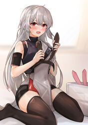  absurdres blurry blurry_background blush breasts charolic_(girls&#039;_frontline_2) embarrassed female girls&#039;_frontline girls&#039;_frontline_2:_exilium grey_hair highres holding long_hair muteppona_hito red_eyes solo sweatdrop teeth thighhighs unworn_headwear upper_teeth_only very_long_hair zettai_ryouiki 