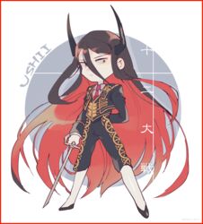  1boy black_hair chibi commentary_request hinoe_(right-hnxx03) horns juuni_taisen kashii_eiji long_hair male_focus matador multicolored_hair red_eyes red_hair standing sword two-tone_hair very_long_hair weapon 