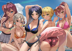  5girls arm_up armpits ass bikini bikini_skirt blonde_hair blue_hair blue_sky blush breasts cleavage collage collarbone dark_blue_hair day floral_print grey_hair hayami_kanade highres ice_cream_bar ichinose_shiki idolmaster idolmaster_cinderella_girls innertube jougasaki_mika kamoromance614 lipps_(idolmaster) looking_at_viewer medium_breasts miyamoto_frederica multi-strapped_bikini multiple_girls navel o-ring o-ring_bikini one_eye_closed outdoors pink_hair polka_dot polka_dot_bikini print_bikini purple_hair shiomi_syuko sky smile striped_bikini striped_clothes swim_ring swimsuit w 