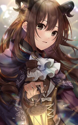  asaya-bigun ascot boku_no_ashiato_kimi_no_yukusaki_(project_sekai) bow brown_eyes brown_hair commentary female floating_hair hair_between_eyes highres holding holding_lantern horns lantern long_hair lower_(vocaloid) official_alternate_costume official_alternate_hair_length official_alternate_hairstyle open_mouth project_sekai shinonome_ena solo song_name translated upper_body white_ascot white_bow 