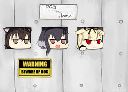  3girls :3 animal_ears black_hair blonde_hair blush chibi dog_ears english_text hair_flaps hairband hatsuzuki_(kancolle) kantai_collection long_hair multiple_girls no_mouth oerba_yun_fang ribbon short_hair_with_long_locks sign thick_eyebrows tile_wall tiles tokitsukaze_(kancolle) yakuto007 yuudachi_(kancolle) yuudachi_kai_ni_(kancolle) 