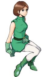  boots brown_hair dress emma_sheen female gloves green_eyes gundam short_hair simple_background sitting sleeveless sleeveless_dress solo ume-bayashi zeta_gundam 