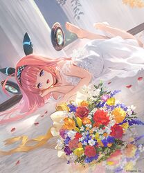  ahoge black_choker blue_eyes bouquet choker company_name copyright_notice dress female flower hairband headgear legs_up lishenna_omen_of_destruction long_hair looking_at_viewer lying official_art on_stomach open_mouth petals pink_hair ponzu_(catponz) shadowverse smile solo white_dress 