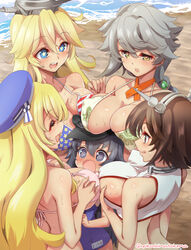  5girls @_@ akatsuki_(kancolle) american_flag american_flag_bikini american_flag_print atago_(kancolle) beach bikini black_hair blonde_hair blue_eyes blue_headwear blue_one-piece_swimsuit blush breast_pile breast_press breasts brown_eyes brown_hair cleavage closed_eyes closed_mouth commentary_request commission day flag_print girl_sandwich grey_hair iowa_(kancolle) kantai_collection large_breasts long_hair multiple_girls mutsu_(kancolle) ocean one-piece_swimsuit open_mouth outdoors pink_bikini print_bikini sandwiched school_swimsuit short_hair skeb_commission smile star-shaped_pupils star_(symbol) swimsuit symbol-shaped_pupils teeth tongue tongue_out twitter_username unryuu_(kancolle) upper_teeth_only white_bikini yokoshima_takemaru yuri 