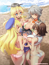  5girls @_@ age_difference akatsuki_(kancolle) american_flag american_flag_bikini american_flag_print ass atago_(kancolle) beach bikini black_hair blonde_hair blue_eyes blue_headwear blue_one-piece_swimsuit blush breast_pile breast_press breasts brown_eyes brown_hair butt_crack cleavage closed_eyes closed_mouth commentary_request commission day flag_print girl_sandwich grey_hair iowa_(kancolle) kantai_collection large_breasts long_hair multiple_girls mutsu_(kancolle) ocean one-piece_swimsuit onee-loli open_mouth outdoors pink_bikini print_bikini sandwiched school_swimsuit short_hair skeb_commission smile star-shaped_pupils star_(symbol) swimsuit symbol-shaped_pupils teeth tongue tongue_out twitter_username unryuu_(kancolle) upper_teeth_only white_bikini yokoshima_takemaru yuri 